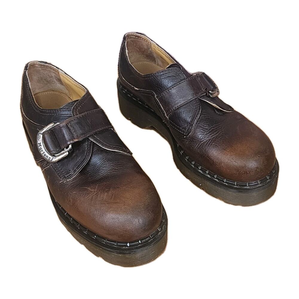 Dr Martens 8314 Vintage Brown Leather Chunky Platform Monk Strap Loafer Shoe